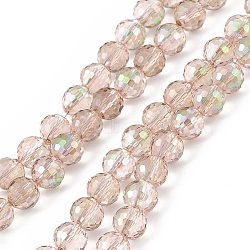 Transparent Electroplate Glass Beads Strands, Faceted(96 Facets), Round, Half Rainbow Plated, Pink, 7.5~8x7mm, Hole: 1.2mm, about 70~72pcs/strand, 20.08~20.47 inch(51~52cm)(EGLA-F151-HR01)