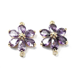 Brass Pave Medium Orchid Cubic Zirconia Connector Charms, Cadmium Free & Nickel Free & Lead Free, Flower Links, Real 18K Gold Plated, 18.5x13.5x5.5mm, Hole: 1mm(X-FIND-Z029-03G)