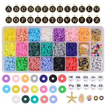 26 Styles Handmade Polymer Clay Beads, Heishi Beads, Brass Spacer Beads, Acrylic Beads, Alloy Pendants, Cowrie Shell Beads, Mixed Shape, Mixed Color, 26 Styles/box