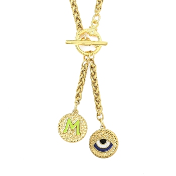 Ion Plating(IP) 304 Stainless Steel Green Yellow Enamel Letter & Eye Pendant Wheat Chain Necklaces, with Toggle Clasps, Golden, Letter M, 20.47~20.87 inch(52~53cm)