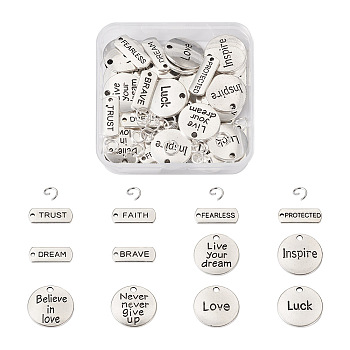 72Pcs 12 Style Tibetan Style Alloy Pendants with 100Pcs Iron Jump Rings, Rectangle & Flat Round with Word, Antique Silver, 20x2mm, Jump Rings: 7x0.9mm, 6pcs/style