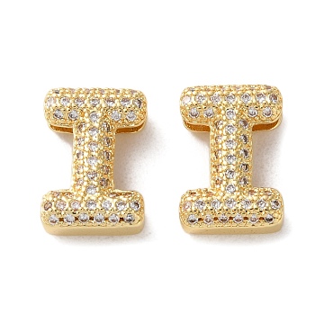 Rack Plating Brass Micro Pave Cubic Zirconia Slide Charms, Long-Lasting Plated, Lead Free & Cadmium Free, Real 18K Gold Plated, Letter, Letter I, 13.5x9.5x5mm, Hole: 10.6x1.5mm