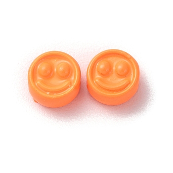 Spray Painted Alloy Beads, Flat Round with Smiling Face, Dark Orange, 7.5x4mm, Hole: 2mm