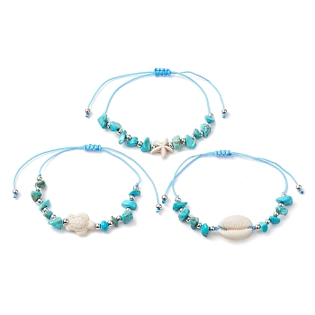 3Pcs 3 Styles Synthetic Turquoise & Natural Magnesite Braided Starfish & Tortoise & Shell Shape Beaded Bracelets for Women, Mixed Shapes, Inner Diameter: 1-7/8 ~3-5/8 inch(4.8~9.1cm), 1pc/style