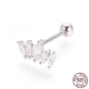 Rhodium Plated 925 Sterling Silver Barbell Cartilage Earrings, Screw Back Earrings, with Micro Pave Clear Cubic Zirconia, with 925 Stamp, Crown, Platinum, 5x9x1.5mm, Pin: 0.8mm