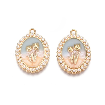 Rack Plating Alloy Enamel Pendants, with ABS Imitation Pearl, Cadmium Free & Nickel Free & Lead Free, Light Gold, Oval with Flower Charm, Light Blue, 28x20x3mm, Hole: 1.8~2mm