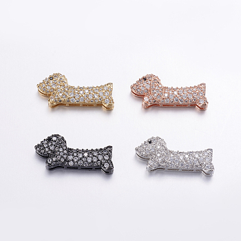 Brass Micro Pave Cubic Zirconia Puppy Pendants, Multi-strand Links connectors, Long-Lasting Plated, Sausage Dog/Dachshund, Mixed Color, 10x23x5mm, Hole: 1x3mm
