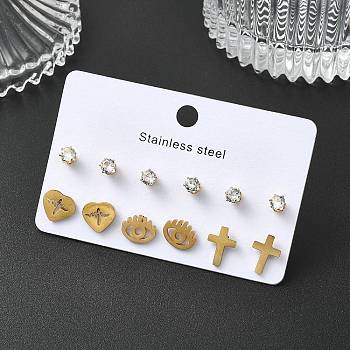 304 Stainless Steel Micro Pave Cubic Zirconia Stud Earrings Kits For Women, Mixed Shape, Golden, 8~11x8~9.5mm