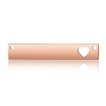 201 Stainless Steel Links Connectors, Manual Polishing, Rectangle with Heart, Rose Gold, 40x7x1.7mm, Hole: 1.5mm