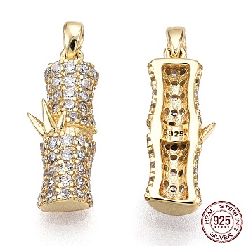 925 Sterling Silver Micro Pave Cubic Zirconia Pendants, with S925 Stamp, Bamboo Charms, Nickel Free, Real 18K Gold Plated, 19x6.5x3.5mm, Hole: 1.4mm