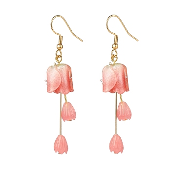 Plastic 3D Flower Long Dangle Earrings, Gold Plated 304 Stainless Steel Jewelry for Women, Light Coral, 62mm, Pin: 0.8mm