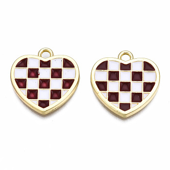 Rack Plating Alloy Checkerboard Pendants, with Enamel, Cadmium Free & Lead Free, Light Gold, Heart with Grid Pattern, Brown, 18.5x18x2mm, Hole: 2mm