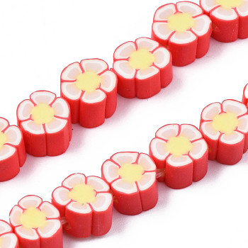 Handmade Polymer Clay Bead Strands, Flower, Red, 6.5~10x7~10.5x4~5mm, Hole: 1.6mm, about 40pcs/strand, 11.61 inch~13.19 inch(29.5~33.5cm)