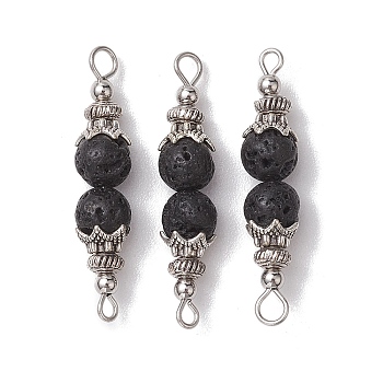 Natural Lava Rock Round Beaded Connector Charms, with Tibetan Style Bead Caps, 33.5x7mm, Hole: 1.6mm and 2.7mm