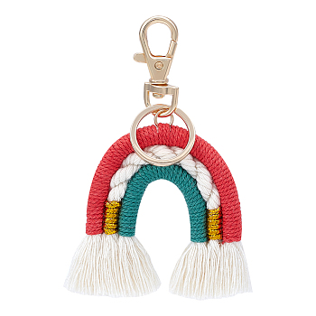 Rainbow Cotton Tassel Keychain, with Alloy Finding and Iron Clasp, Red, 11cm