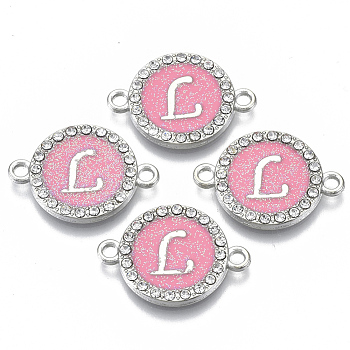 Alloy Enamel Links Connectors, with Crystal Rhinestones, Flat Round with Letter, Silver Color Plated, Letter.L, 22x16x2mm, Hole: 1.8mm