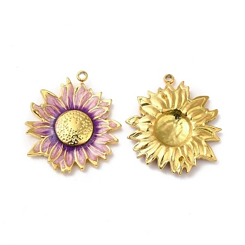Real 18K Gold Plated 304 Stainless Steel Pendants, with Enamel, Flower Charm, Lilac, 23.5x20.5x3mm, Hole: 1.4mm