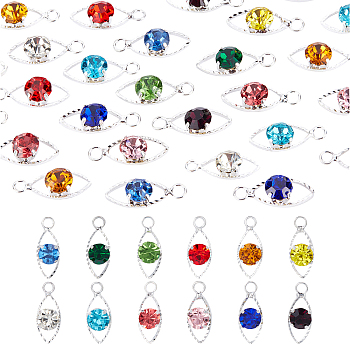 Glass Rhinestone Pendants, with Platinum Tone Alloy Claw Settings, Horse Eye, Mixed Color, 20x7.5x5.5mm, Hole: 2.5mm, 12 colors, 4pcs/color, 48pcs/box