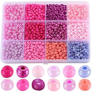 156G 12 Style Glass Seed Beads, Mixed Style, Round, Pink, 4~5x3~4mm, Hole: 1~2mm, 13g/style