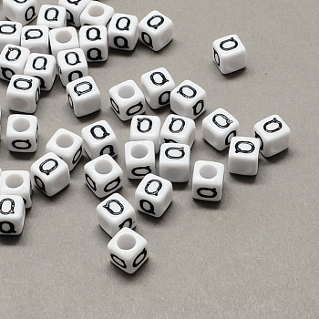 Large Hole Acrylic Letter European Beads, Horizontal Hole, White & Black, Cube with Letter.Q, 6x6x6mm, Hole: 4mm, about 2596pcs/440g