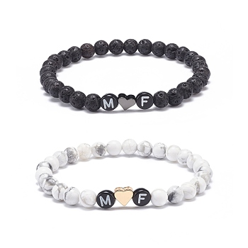 2Pcs 2 Style Natural Lava Rock & Howlite Stretch Bracelets Set, Heart & Word M and F Acrylic Beaded Couple Bracelets for Best Friends Lovers, Inner Diameter: 2~2-3/8 inch(5.2~6cm), 1Pc/style