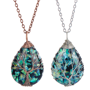 4Pcs 2 Colors Teardrop Pendant Necklaces Set, Wire Wrap Tree of Life Pendant Necklaces for Women, Dark Green, Mixed Color, 18.50 inch(47cm), 2pcs/color