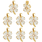 8Pcs Brass Micro Pave Clear Cubic Zirconia & Cat Eye Pendants, Clover, Golden, White, 15x12.5x4mm, Hole: 5mm(KK-BC0015-63A)