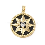 Brass Micro Pave Clear Cubic Zirconia Pendants, with Plastic, Flat Round with Star Charms, Golden, Black, 23x20.5x4mm, Hole: 5x2.5mm(KK-F939-07B-G)