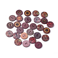 Printed Poplar Wood Buttons, 2-Hole, Dyed, Flat Round with Flower Pattern, Mixed Color, 19.5x2.5mm, Hole: 1.8mm(WOOD-D021-01B)