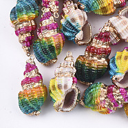 Spray Painted & Electroplate Spiral Shell Pendants, with Iron Findings, Light Gold, Colorful, 31~43x17~21x15~19mm, Hole: 1.5mm(SSHEL-T010-06A)