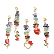 Chakra Gemstone Chip Beaded Pendant Decorations, Valentine's Day Alloy Enamel Charms and 304 Stainless Steel Lobster Claw Clasps, Heart & Rose, 62~67mm(HJEW-JM01195)