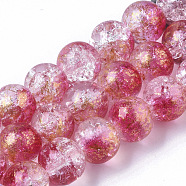 Transparent Spray Painted Crackle Glass Bead Strands, with Golden Foil, Round, Camellia, 10~11mm, Hole: 1.4~1.6mm, about 39~42pcs/Strand, 14.84 inch~15.27 inch(37.7~38.8cm)(GLAA-N035-03D-A04)