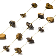 Ion Plating(IP) 316 Surgical Stainless Steel Paperclip Chains, with Natural Tiger Eye Nuggets Beads, Soldered, Real 18K Gold Plated, with Spool, 2.5x1x0.5mm(CHS-I019-20A)