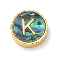 Brass Beads, with Resin Imitation Paua Shell, Flat Round, Real 14K Gold Plated, Letter K, 13.5x4mm, Hole: 1.6mm(KK-U046-17G-K)