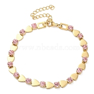 304 Stainless Steel Light Rose Rhinestone Link Chain Bracelets for Women, Real 18K Gold Plated, Heart, 7-1/2 inch(19cm), Heart: 7x6x4mm(BJEW-G712-13A-01)