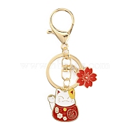 Chinese Style Alloy Enamel Keychains, with Iron Lobster Clasp and Rings, Cat with Flower, Red, 9.15cm(KEYC-WH0027-44A)