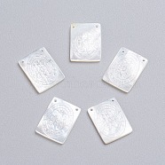 Natural White Shell Mother of Pearl Shell Pendants, Rectangle with Saint Benedict Medal, 16x12x2~2.5mm, Hole: 0.9mm(SSHEL-I024-10)