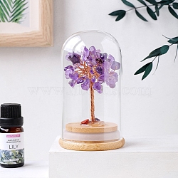 Natural Amethyst Chips Tree Decorations, Wooden & Glass Base with Copper Wire Feng Shui Energy Stone Gift for Home Office Desktop Decoration, 62x100mm(PW-WG72391-01)