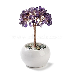 Natural Amethyst Chips Tree Decorations, Ceramic Bowl Base Copper Wire Feng Shui Energy Stone Gift for Home Desktop Decoration, 65~68x130~135mm(DJEW-M012-01G)