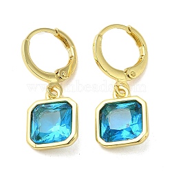 Real 18K Gold Plated Brass Dangle Leverback Earrings, with Square Glass, Deep Sky Blue, 25.5x10.5mm(EJEW-L268-005G-03)