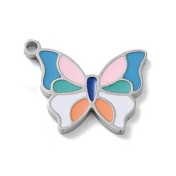 304 Stainless Steel Pendants, with Enamel, Butterfly Charm, Stainless Steel Color, 13x16x1.5mm, Hole: 1.4mm(STAS-P339-14P-01)