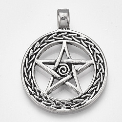 Tibetan Style Alloy Pendants, Wicca Pendants, Ring with Star, Antique Silver, 43.5x34x8.5mm, Hole: 5.5mm(PALLOY-S178-05)