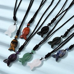 Natural Mixed Stone Fish Pendant Black Nylon Cord Necklaces, 28.35 inch(72cm)(NJEW-G185-01)
