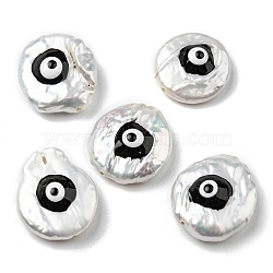 Baroque Style Natural Keshi Pearl Beads, with Enamel, Nuggets with Evil Eye, Black, 16~19.5x15.5~17x6~7.5mm, Hole: 0.7~0.8mm(PEAR-F019-01B)