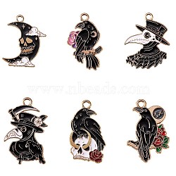 6Pcs 6 Style Light Gold Alloy Enamel Pendants, Gothic Style, Halloween Theme, Mixed Shapes, Mixed Color, 26~32x16~25x1~1.5mm, Hole: 1.8~2.2mm, 1pc/style(ENAM-SZ0002-66)