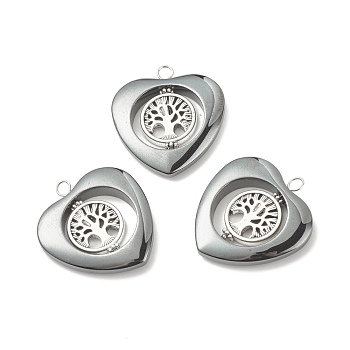 Non-magnetic Synthetic Hematite Pendants, with Alloy Findings, Heart with Tree, Antique Silver, 39x36x6.5mm, Hole: 4mm