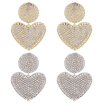 2 Pairs 2 Colors Crystal Rhinestone Heart Dangle Stud Earrings with 925 Sterling Silver Pin, Alloy Long Drop Earrings for Valentine's Day, Platinum & Light Gold, 52mm, Pin: 0.8mm, 1 Pair/color