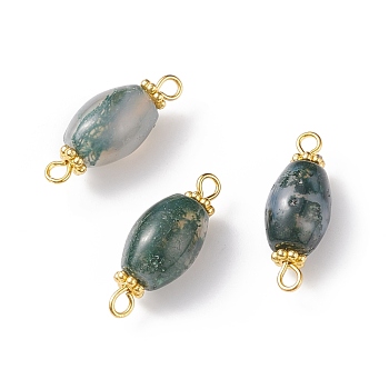 Natural Moss Agate Connector Charms, with Alloy Beads and Brass Findings, Oval, Golden, 22x8.5x8.5mm, Hole: 1.8mm