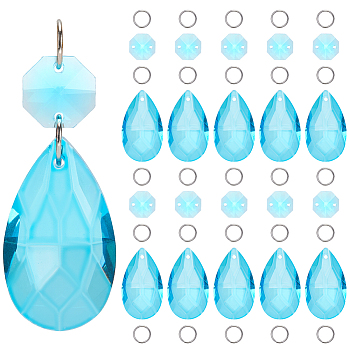 DIY Cone Suncatcher Making Kits, Including Glass Pendants & Links, 304 Stainless Steel Jump Rings, Light Sky Blue, 38x22x12mm, Hole: 1.8mm, 12pcs