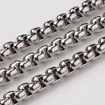 304 Stainless Steel Box Chains, with Spool, Unwelded, Stainless Steel Color, 4x4mm, about 32.8 Feet(10m)/roll